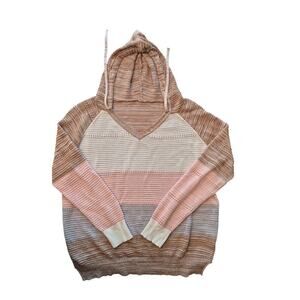 Womens L Hoodie, lightweight Heathered Brown/White/Pink/Gray stripe